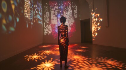 Woman silhouetted against vibrant, colorful light projections in a gallery.
