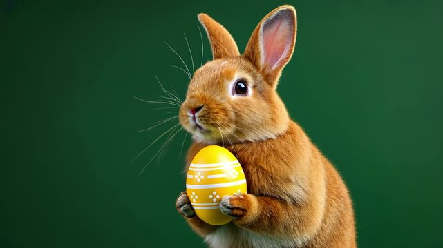 Ginger easter bunny rabbit chewing and holding an egg in paws, on a transparent alpha isolated green chromakey background looped