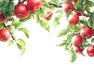 Obraz premium Red Apples on an Apple Tree with a Watercolor Border Illustration : Generative AI