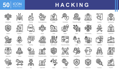 Hacking icon collection set. Containing hacker activity, artificial intelligence, cloud technology, worm virus, hacking, phishing, encryption icon.