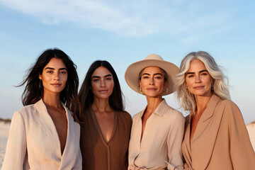 Fototapeta premium Four fashion models posing on a beach photoshoot showing diversity and natural beauty
