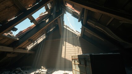 Fototapeta premium Sunbeams Illuminate Dust Motes in a Ruined Attic with Antique Chest