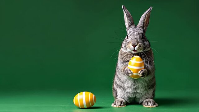 Grey easter bunny rabbit chewing and holding an egg in paws, on a transparent alpha isolated green chromakey background looped