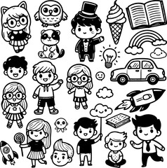 Set doodle cute for kids, vector illustration, icon, sticker, coloring page