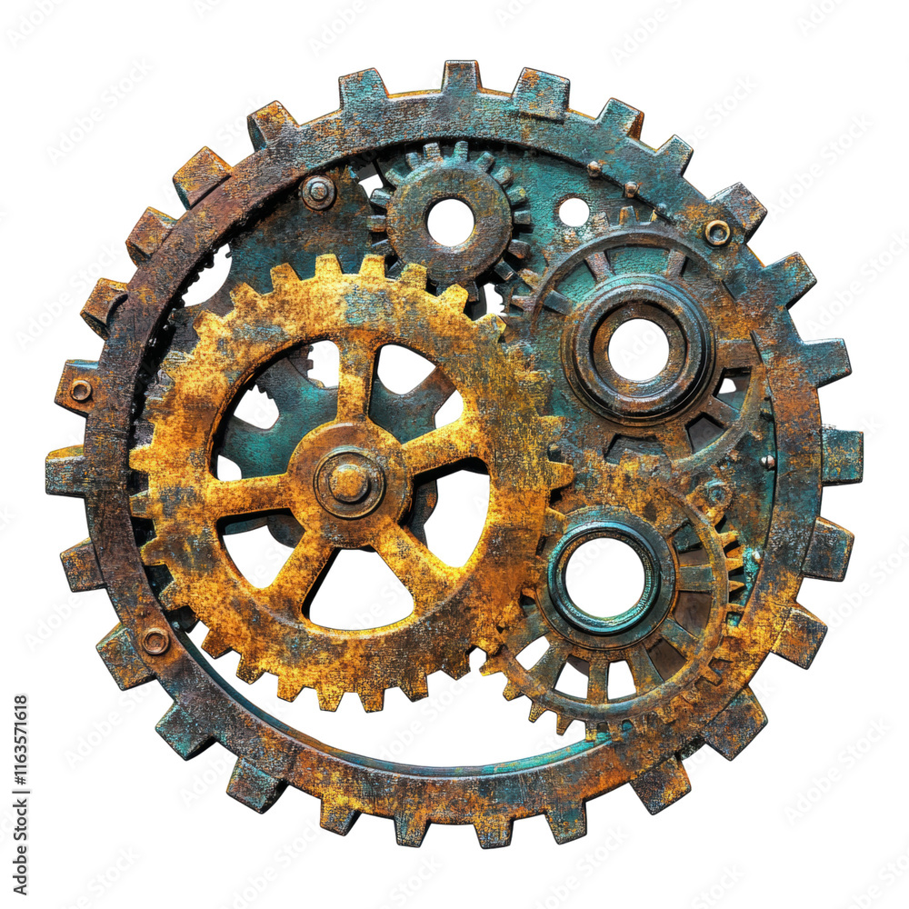 Poster abstract gears and shapes design, intricate overlapping forms, dynamic composition, ideal for creati