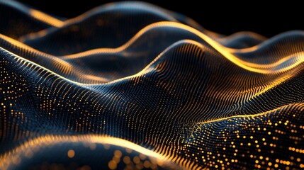 Abstract digital wave design with glowing golden particles on dark background.