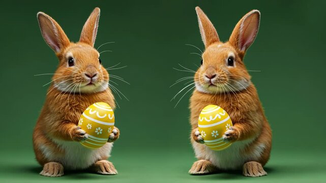 Two dancing ginger easter bunnies rabbits holding an egg in their paws, on a transparent alpha isolated green chromakey background looped
