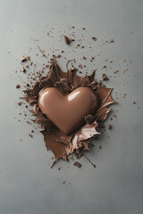A melting chocolate heart on a grey background. Dynamic and elegant composition for valentine's day theme designs.
