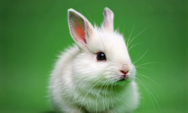 White easter bunny rabbit chewing on a transparent alpha isolated green chromakey background looped