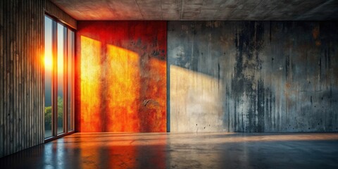 Empty industrial space with sunset view through large window and textured walls