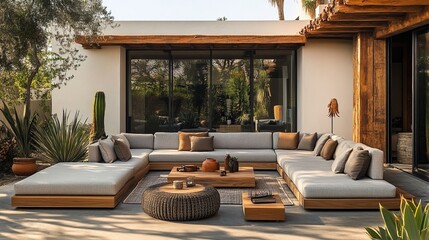 Fototapeta premium A stylish outdoor meeting space features sleek couches and tables