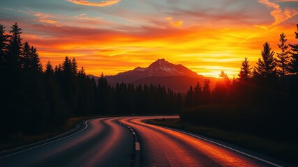 Scenic winding road journey through a coniferous forest at vibrant sunrise with majestic mountain peak in the background