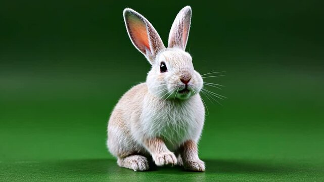 White easter bunny rabbit chewing on a transparent alpha isolated green chromakey background looped