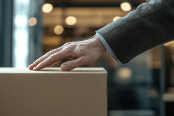 A Man's Hand Gently Resting on a Cardboard Box