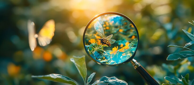 Magnified insect on flower with butterfly in background.