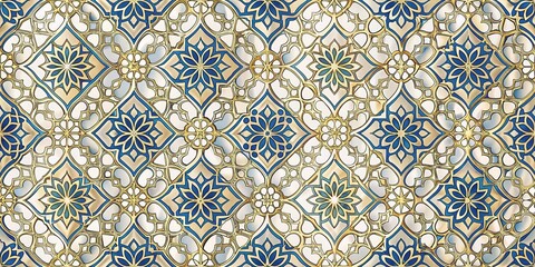 Intricate Golden and Blue Floral Pattern Tile Design, Ideal for Luxurious Interior Decor and Architectural Applications