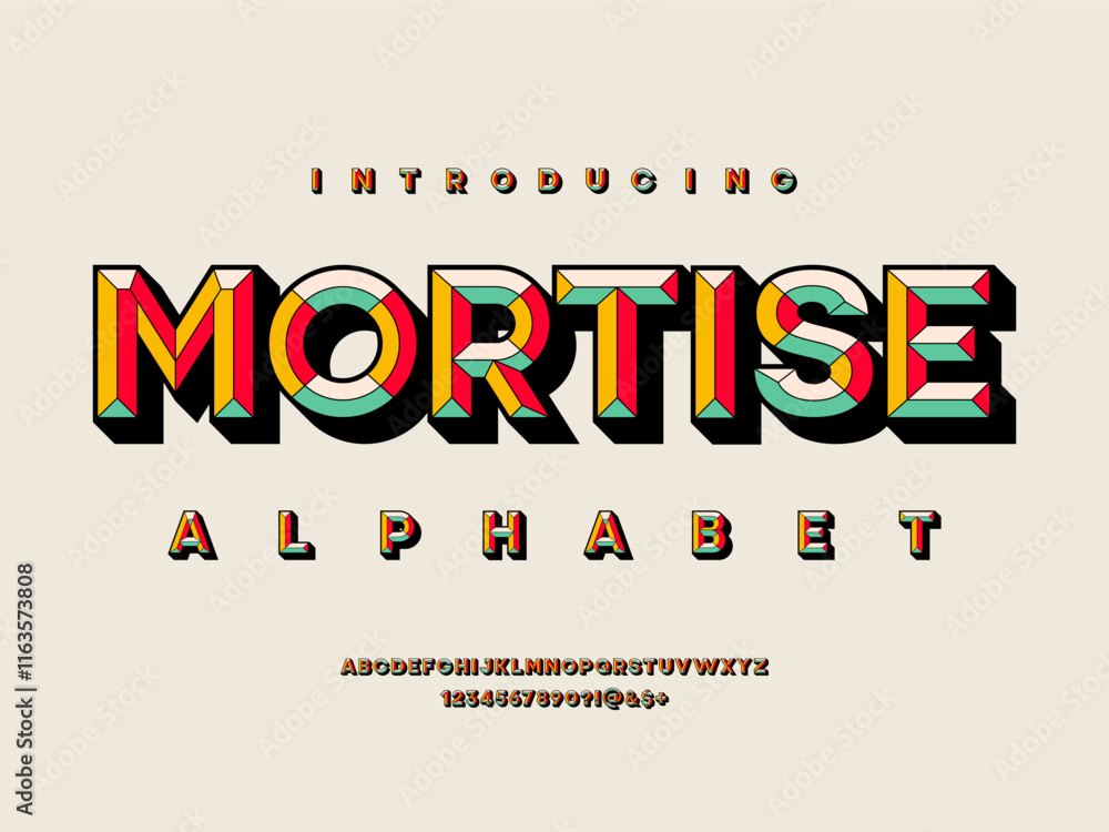 Poster colorful chisel style alphabet design with uppercase, numbers and symbols