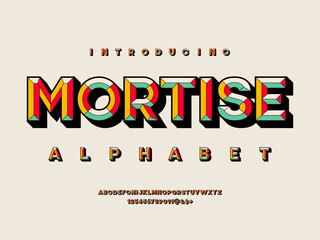 colorful chisel style alphabet design with uppercase, numbers and symbols