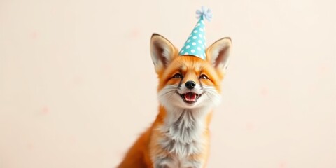 Obraz premium A cheerful fox cub wearing a festive party hat smiles for the camera