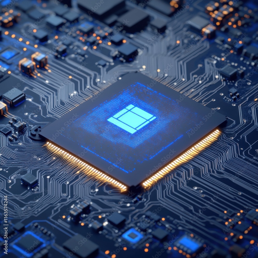 Poster high-tech microchip central processing unit digital technology circuit board closeup