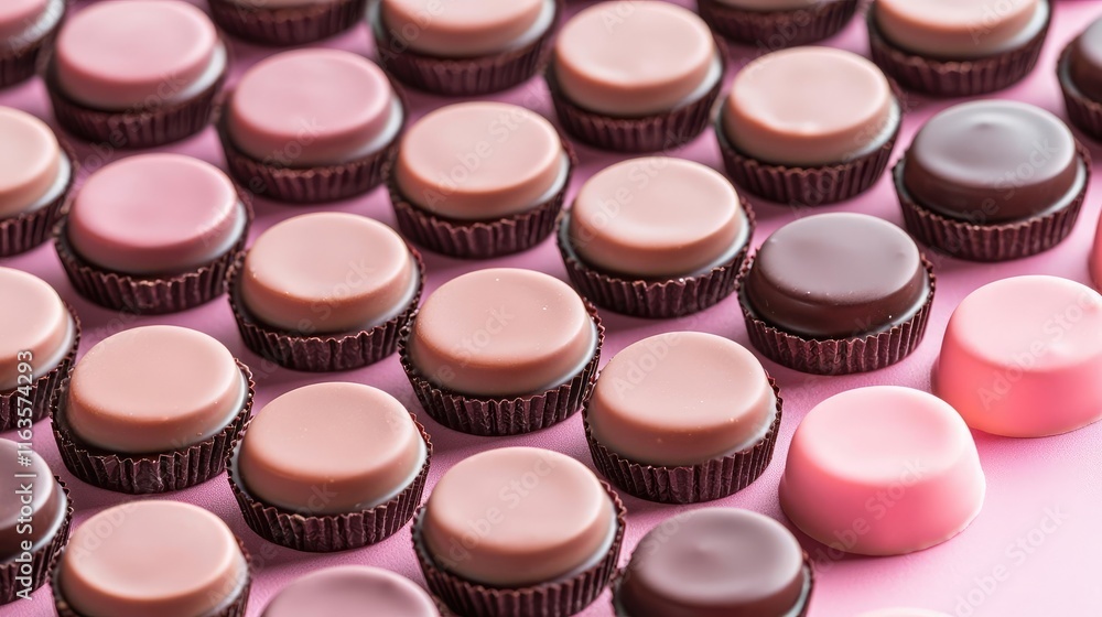 Poster pastel chocolates idea. colorful array of delicious chocolate confections on a pink background.