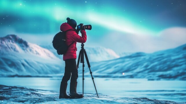 Photographer capturing aurora borealis over snowy landscape.