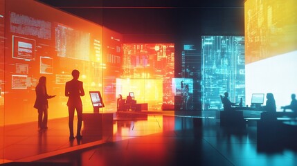 Futuristic, modern, data center with holographic displays, showing people working.