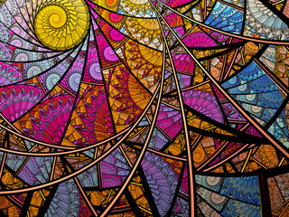 Abstract spiral fractal art background in blue and gold, like stained glass or looking through a kaleidoscope.