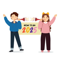 Cartoon Kids Celebrating New Year 2025