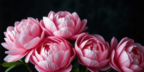 Close-up of a cluster of delicate pink blossoms, showcasing intricate petal details against a dark background.