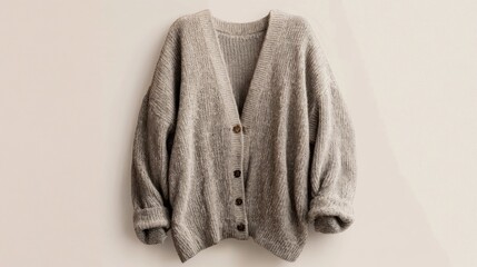 Oversized grey wool cardigan sweater on neutral background.