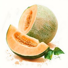 A watercolor painting of a juicy cantaloupe melon, sliced to reveal its vibrant orange flesh and seeds, set against a white background with a splash of color.