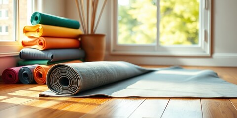 Sunlight illuminates a rolled-up yoga mat on a hardwood floor near a stack of mats