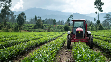 Obraz premium A red tractor sits at the end of a lush, green tea field. Rolling hills and trees are visible in the background