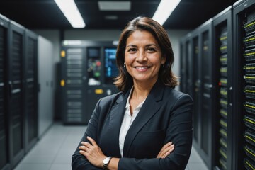 Fototapeta premium Close portrait of a smiling senior Ecuadorean female IT worker looking at the camera, against dark server room blurred background.