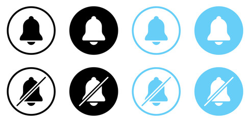 Notification bell off or on icon set black and blue color. Set of notification symbol in different style. Turn off and on, Mute or unmute notification bell icon set. Flat design. Vector illustration.