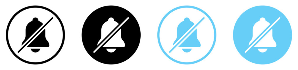 Notification bell off icon set black and blue color. Set of notification bell off symbol different style. Silence notification bell. Mute notification bell icon set. Flat design. Vector illustration.