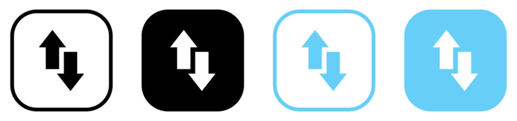 Internet data icon buttons with arrow symbol. Up and down arrow icon set in black and blue circle. Upward downward arrows sign symbol vector illustration. Flat design. © Munnacreativehub
