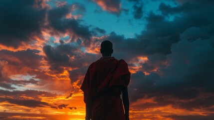 Fototapeta premium Silhouette of a man in traditional clothing watching a vibrant sunset.