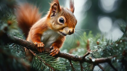 Red squirrel perched on a branch in a pine tree.
