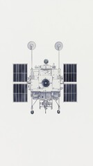 Minimalist Illustration of a Futuristic Satellite with Solar Panels and Antennas on a White Background