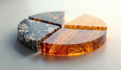 Abstract Pie Chart: A close-up view of a pie chart made of textured, realistic materials like marble, wood, and glass. Vibrant sections of the pie glow subtly under studio lighting.
