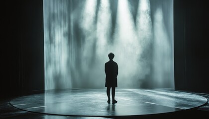 Obraz premium Silhouetted person on stage in spotlight.
