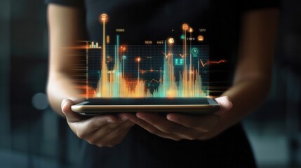 Hand holding tablet with 3d financial chart