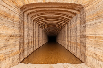 Symmetrical underground tunnel with carved sandstone walls and shallow water reflection