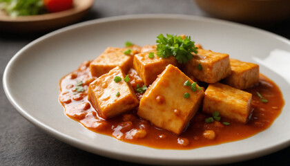 Mapo Tofu Stir-Fried Spicy Sauce Close-Up Asian Dish
