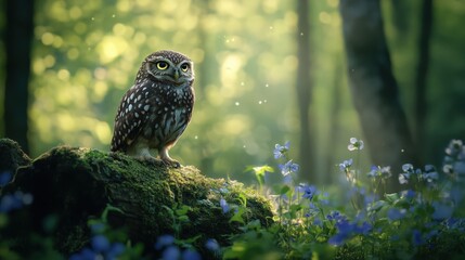 Fototapeta premium A majestic owl perched on a mossy rock amidst beautiful wildflowers in a serene forest setting.