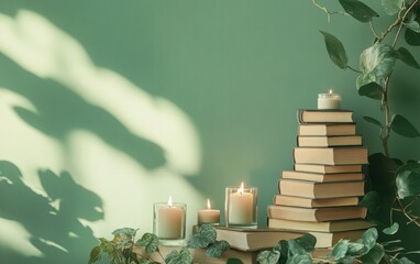 A series of books on mental health and well-being, stacked with calming elements like candles and plants, set against a muted green background 