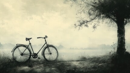 Fototapeta premium Old bicycle, misty field, solitary tree.