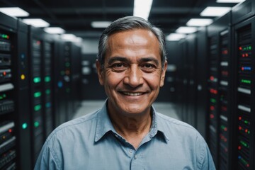 Fototapeta premium Close portrait of a smiling senior Guatemalan male IT worker looking at the camera, against dark server room blurred background.